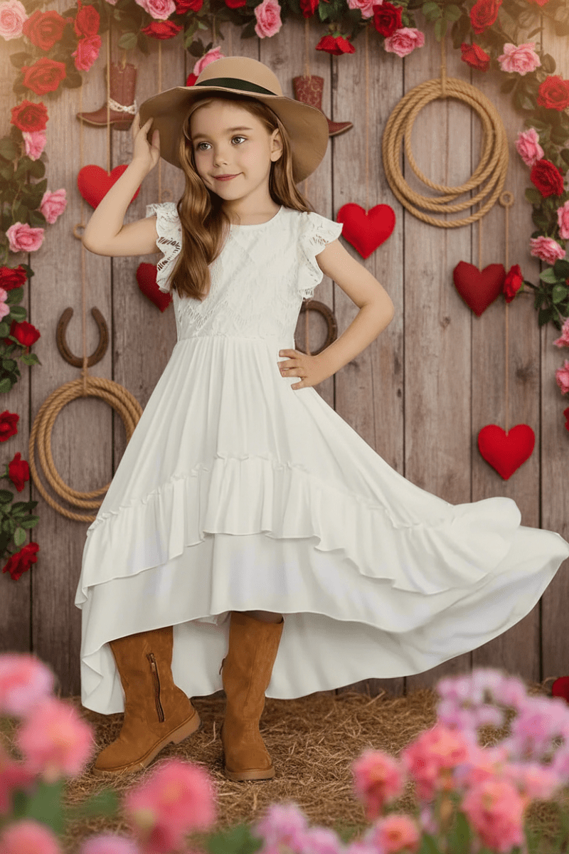 Girls Western Ruffle High-Low Dress with Lace Bodice Yeehaw Style 12Y / Wheat Color Girls Western Ruffle High-Low Dress with Lace Bodice Yeehaw Style 12Y / Wheat Color