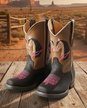 Lil' Cowgirl Fancy Stitch Leather Boots – Brown & Pink