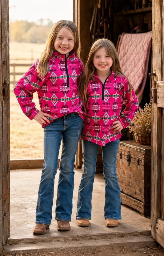 Two young girls standing in a rustic barn doorway, wearing matching bright pink quarter-zip fleece pullovers with a multicolor geometric pattern and blue jeans.