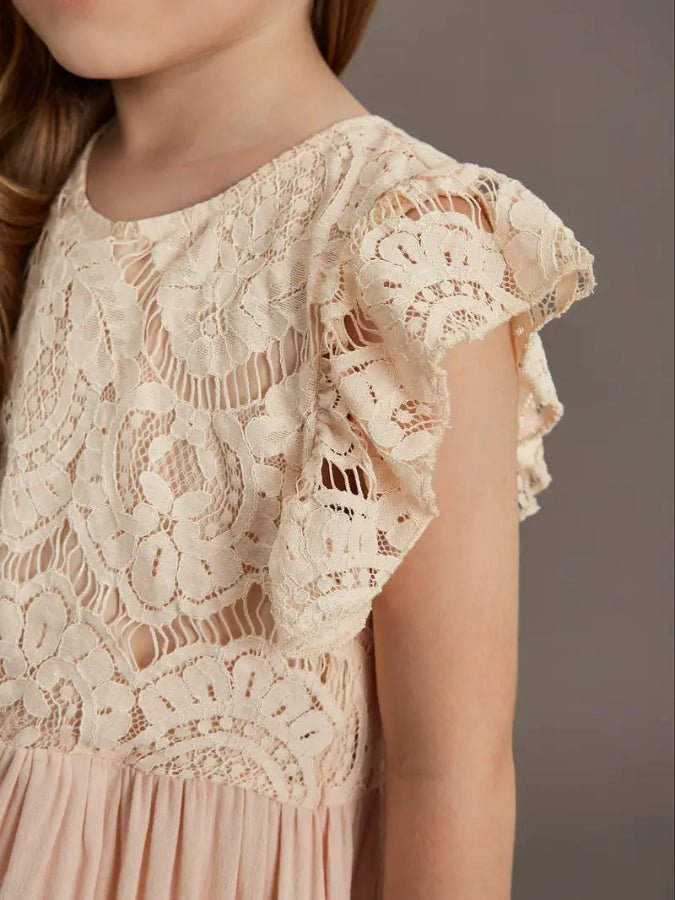 Close-up of a lace dress with ruffled sleeves on a plain background