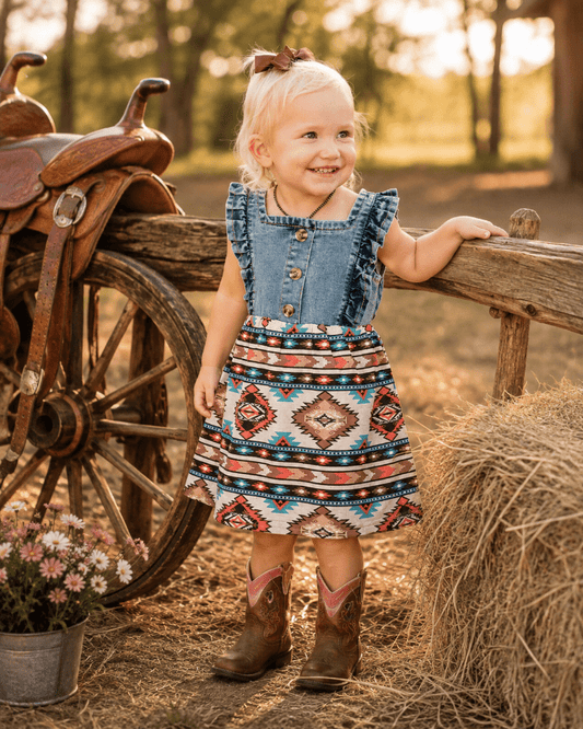 A toddler girl stands outdoors beside a wooden fence and hay bale, wearing a sleeveless denim top and a colorful Southwestern-style patterned skirt, with brown cowboy boots. A rustic wagon wheel and flowers are visible in the background.