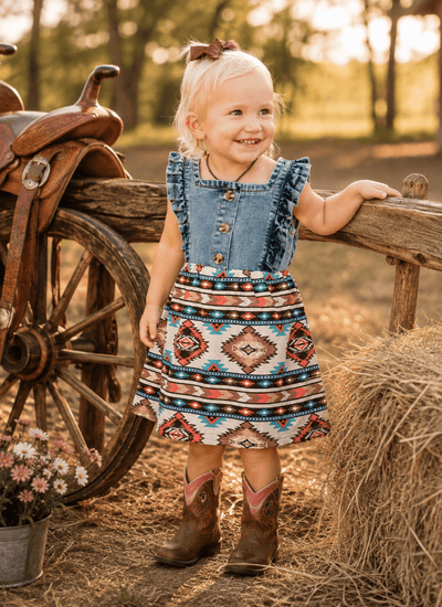 Western Charm Girls Denim & Aztec Cowgirl Dress - Kids Western Outfit