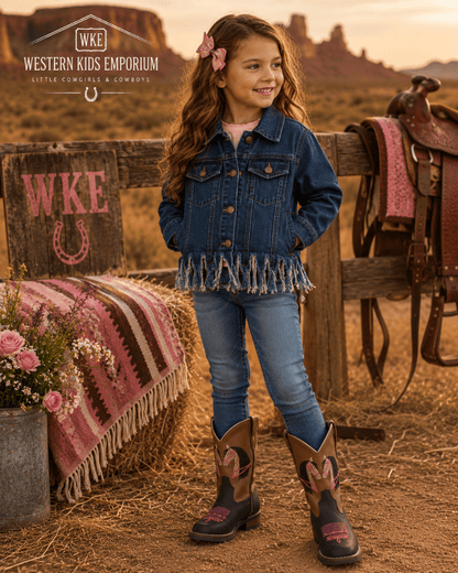A young girl stands in a rustic outdoor western setting wearing a blue denim jacket with fringe, blue jeans, and brown western boots with pink embroidery. Hay bales, a saddle, and a blanket are visible in the background, with the WKE Western Kids Emporium logo in the top left corner.