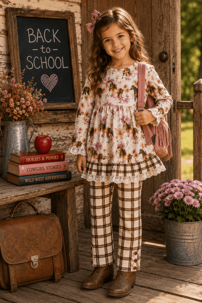 A young girl stands on a rustic wooden porch wearing a floral long-sleeve tunic top with a brown and beige plaid skirt overlay, matching plaid pants, and brown boots. She is holding a pink shoulder bag, with a chalkboard sign reading 'BACK TO SCHOOL' and decorative props like books, an apple, flowers, and a saddlebag around her.