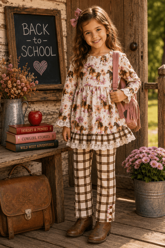 A young girl stands on a rustic wooden porch wearing a floral long-sleeve tunic top with a brown and beige plaid skirt overlay, matching plaid pants, and brown boots. She is holding a pink shoulder bag, with a chalkboard sign reading 'BACK TO SCHOOL' and decorative props like books, an apple, flowers, and a saddlebag around her.