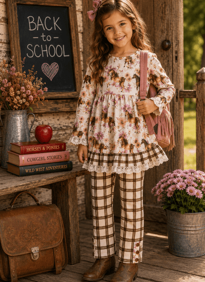 Girl's Countryside Charm Set – Horse & Flower Print Dress with Plaid Lace Pants