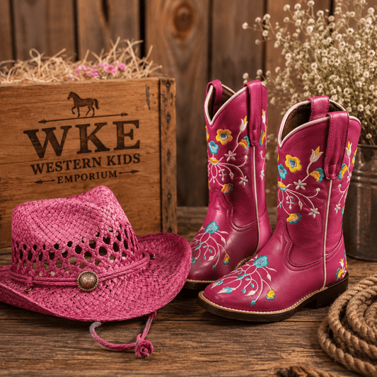 A pair of bright pink western kids' leather boots with colorful floral embroidery, shown next to a matching pink woven cowboy hat and a wooden crate labeled WKE Western Kids Emporium on a rustic wooden surface.