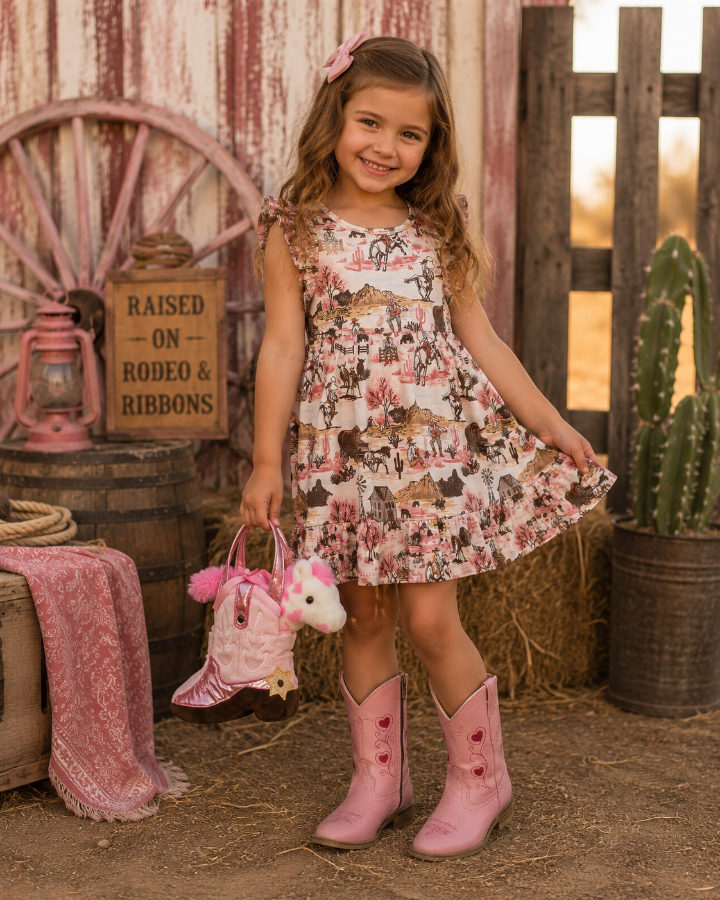 A young girl stands in a rustic western-themed setting wearing a sleeveless white dress with a pink, brown, and beige floral and animal print, pink cowboy boots, and holding a pink plush unicorn bag.