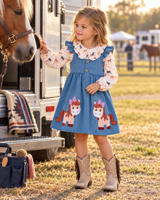 A young girl stands outdoors beside a horse trailer, wearing a blue denim-look dress with embroidered cartoon horses, a floral long-sleeve shirt, and tan cowboy boots. A horse is visible on the left, and another horse and outdoor setting appear in the background.