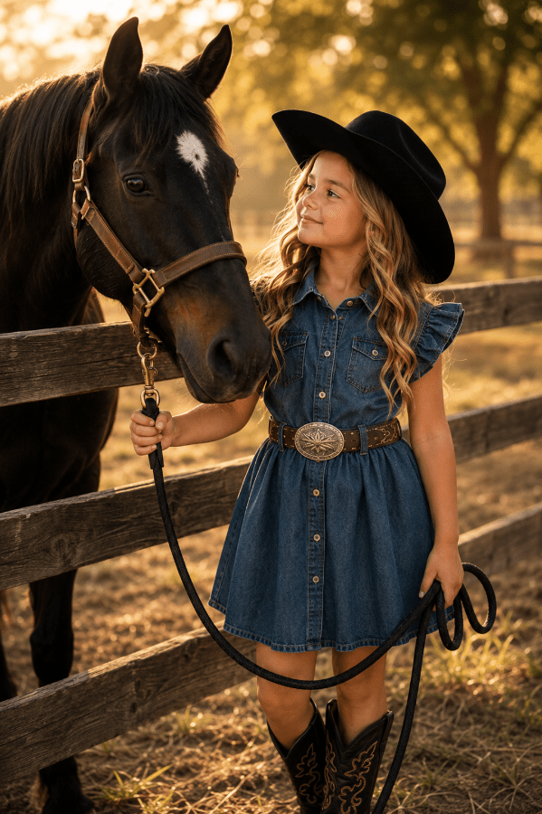 A young girl in a black cowboy hat and a blue denim western dress stands next to a dark brown horse, holding its lead rope in an outdoor ranch setting during golden hour.