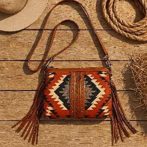 Brown leather handbag with geometric pattern and tassels on a wooden surface