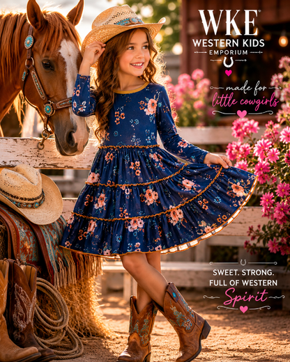 Young girl in a blue floral dress and cowboy boots standing next to a horse, with 'WKE Western Kids Emporium' branding.