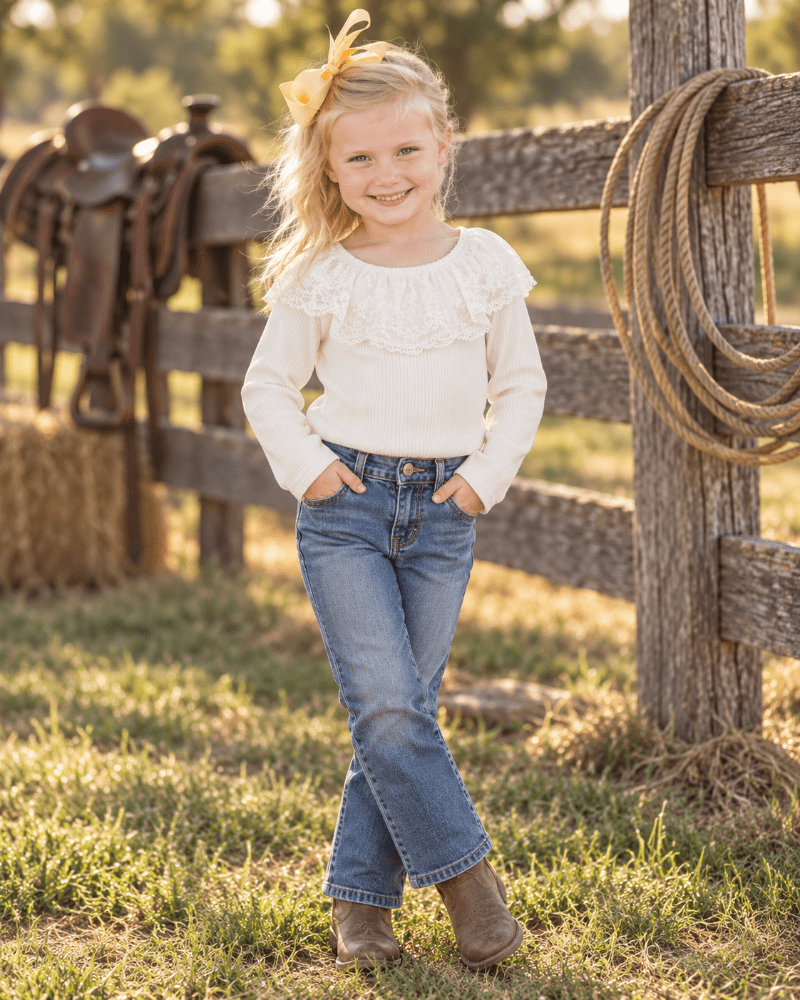 A young girl stands outdoors in a sunny ranch setting, wearing a cream long-sleeve ruffle-trim top, blue jeans, and brown boots. A wooden fence, rope, and saddles are visible in the background.
