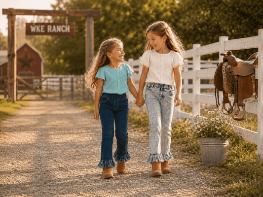 Two young girls holding hands and walking along a gravel path at a ranch, wearing matching denim outfits with frayed hems. A white fence with a brown leather saddle is on the right, and a wooden sign reading 'WKE RANCH' is on the left.