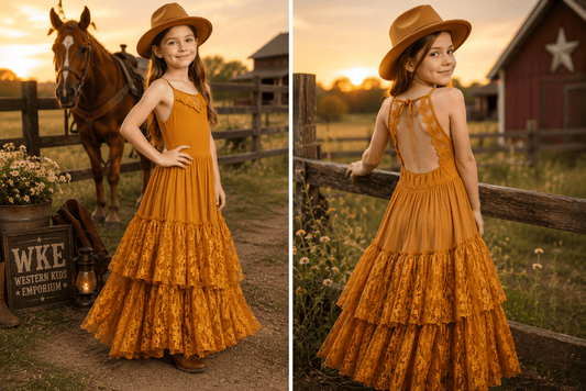 A young girl wearing a tiered rust-orange lace dress and matching cowboy hat is shown in two side-by-side outdoor portraits at sunset, standing near a wooden fence with a horse and barn in the background.