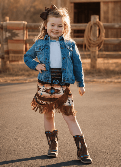 Trailblazer Brown Aztec Fringe Skirt - Western Style Kids Clothing, Girls Boho Fringe Skirt, Kids Aztec Print Skirt