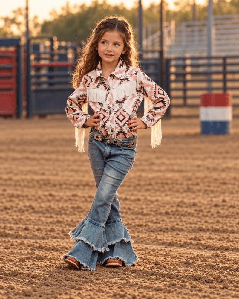 A young girl stands in a dirt rodeo arena wearing a long-sleeve western shirt with cream fringe, a geometric southwestern pattern in pink, black, and white, blue flared jeans, and brown cowboy boots.