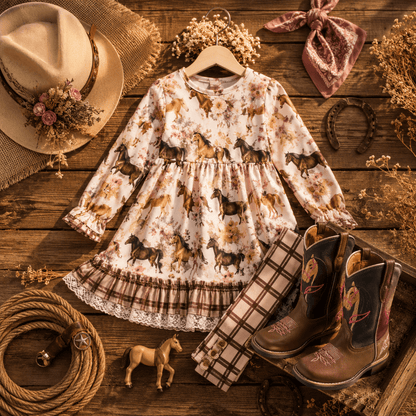 A children's long-sleeve dress with an allover horse print, styled in a rustic western flat-lay arrangement on a wooden surface with a hat, boots, plaid pants, rope, and dried flowers.