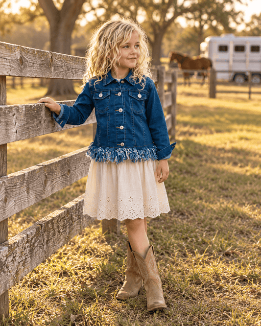 A young girl stands outdoors beside a wooden fence in a sunlit field, wearing a blue denim jacket with fringe trim over a cream eyelet skirt and tan cowboy boots. A horse and trailer are visible in the background.