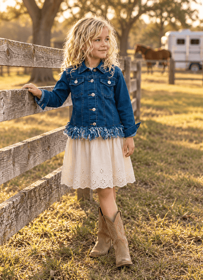Girls Dark Denim Fringe Delight Jacket - Outerwear