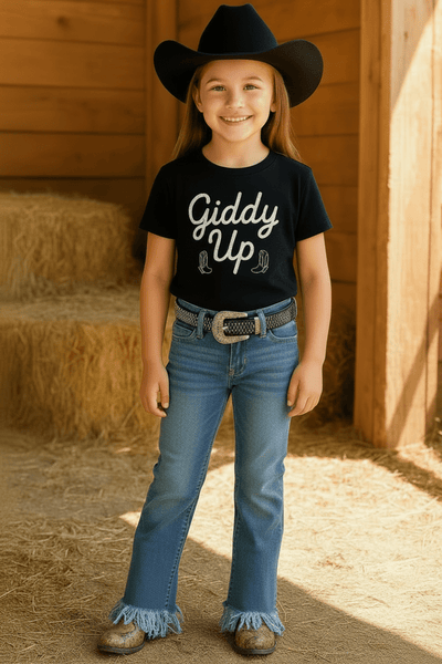 Light Blue Fringe Flare Jeans for Girls with Adjustable Waistband