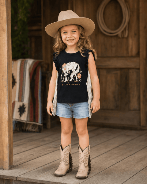 Be A Dreamer Black Fringe Tank Shirt & Onesie - Toddler/Kids Fringe Tank Top & Baby Cowgirl Outfit in Kids Western Fashion