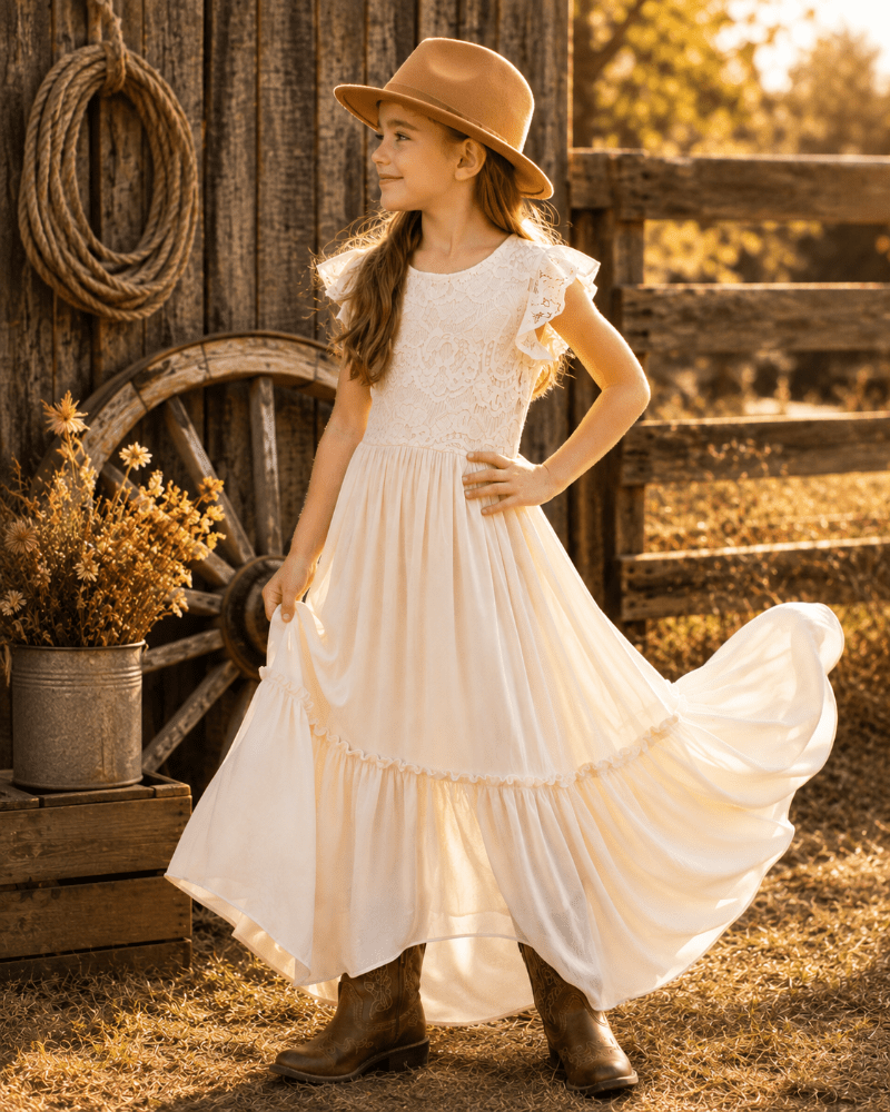 A young girl wearing a cream lace and chiffon maxi dress with flutter sleeves, a tan wide-brim hat, and brown boots, standing in front of a rustic wooden fence and barn wall.