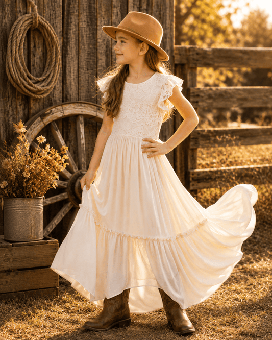 A young girl wearing a cream lace and chiffon maxi dress with flutter sleeves, a tan wide-brim hat, and brown boots, standing in front of a rustic wooden fence and barn wall.