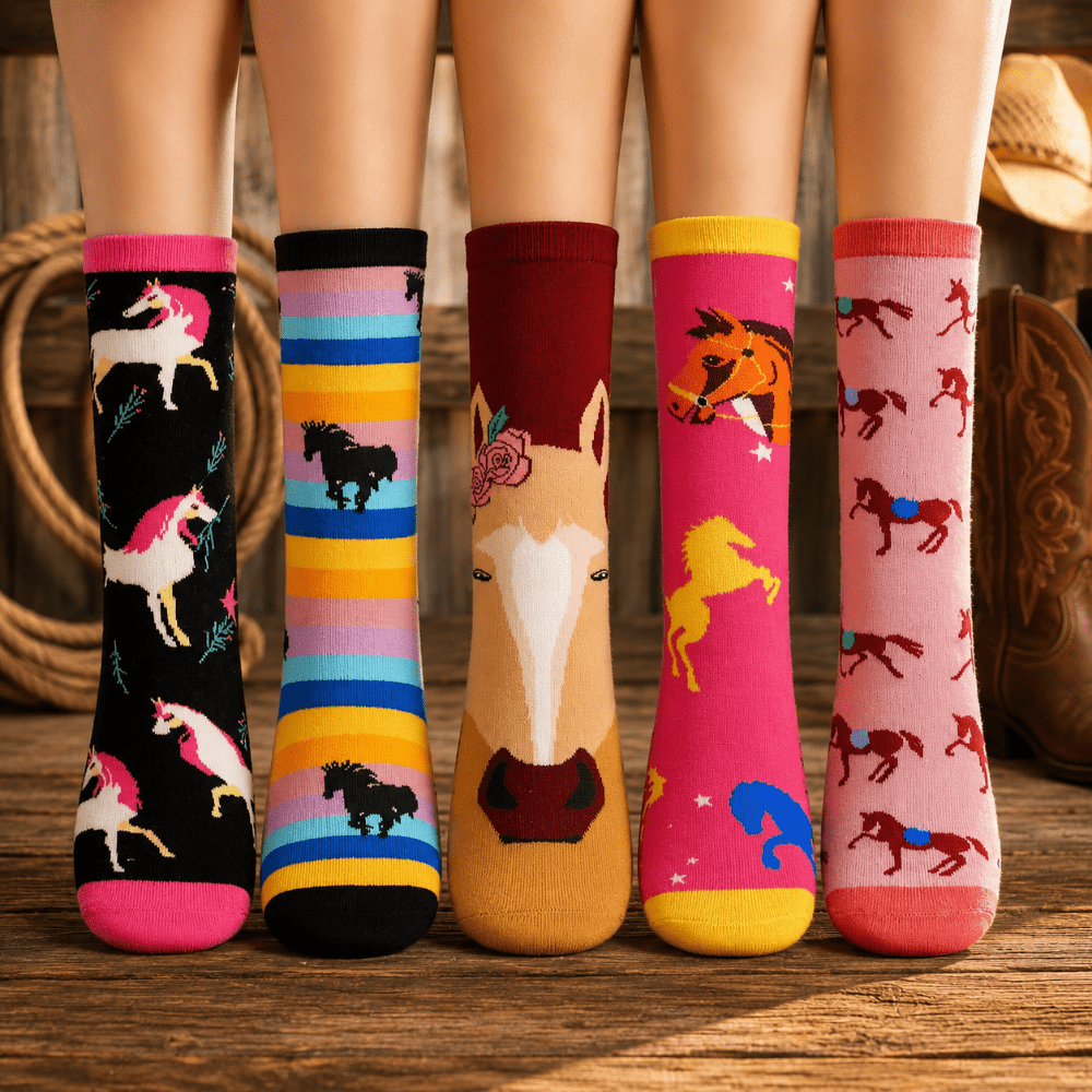 Four pairs of colorful patterned socks worn on lower legs, shown against a rustic wooden setting with cowboy boots in the background. The socks feature whimsical designs including unicorns, stripes, a horse face, and western horse motifs in bright pink, black, yellow, blue, orange, and red tones.