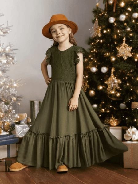 Western Floral Lace Maxi Dress for Girls — Elegant Cowgirl Dress