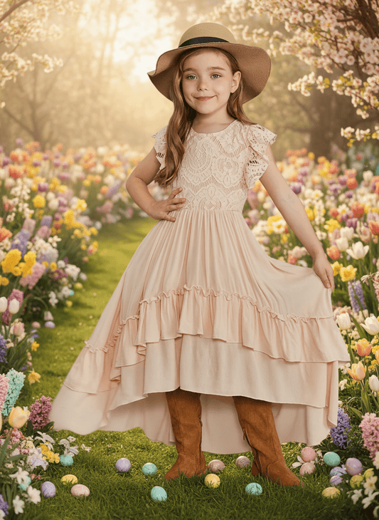 Young girl in a floral dress and hat standing in a field of flowers with Easter eggs on the ground.