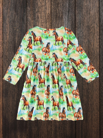 Galloping Grace: Green Horse Print Casual Dress image 1
