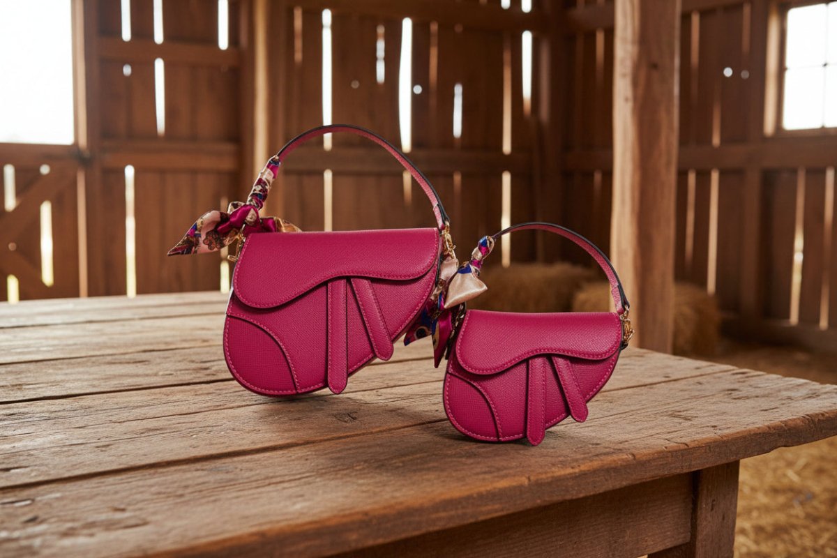 Two pink handbags with a matching scarf on a barn background