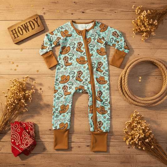 Baby onesie with cowboy pattern on a wooden surface with decorative elements.