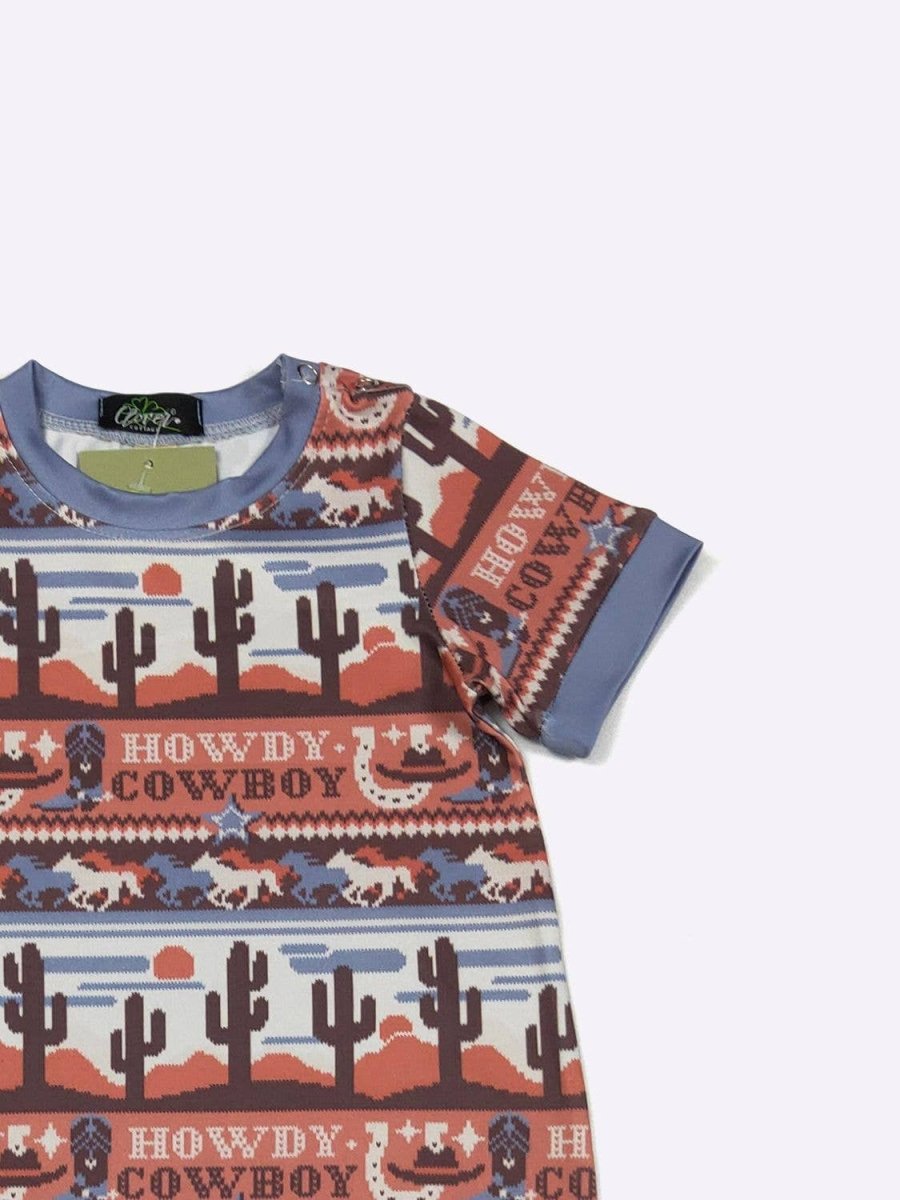 Baby Romper with cowboy pattern and 'Howdy Cowboy' text on a light blue background
