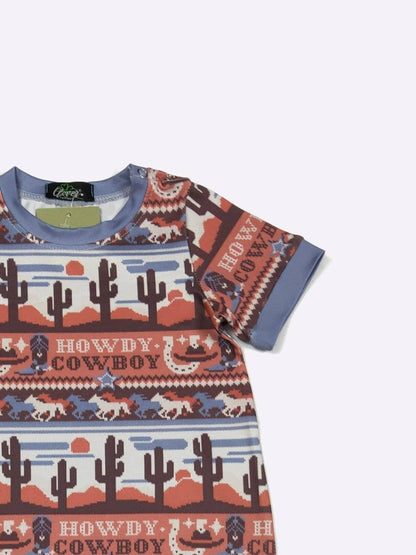 Baby Romper with cowboy pattern and 'Howdy Cowboy' text on a light blue background