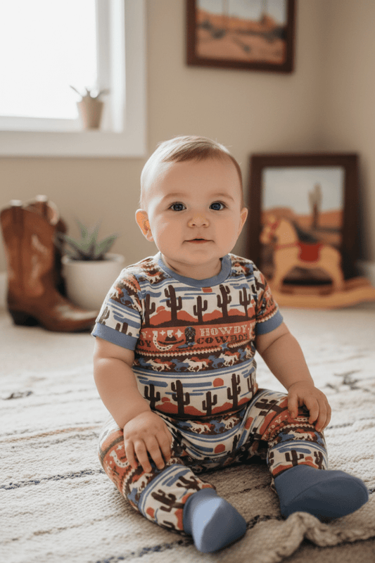 Baby wearing a patterned outfit sitting on a carpeted floor with cowboy boots and a horse painting in the background.
