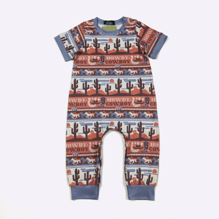 Children's romper with cowboy pattern on a white background
