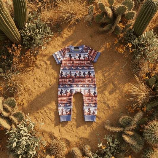 Howdy Cowboy baby romper overhead flat lay on desert floor with abundant cacti grasses and sand - western infant clothes toddler western wear