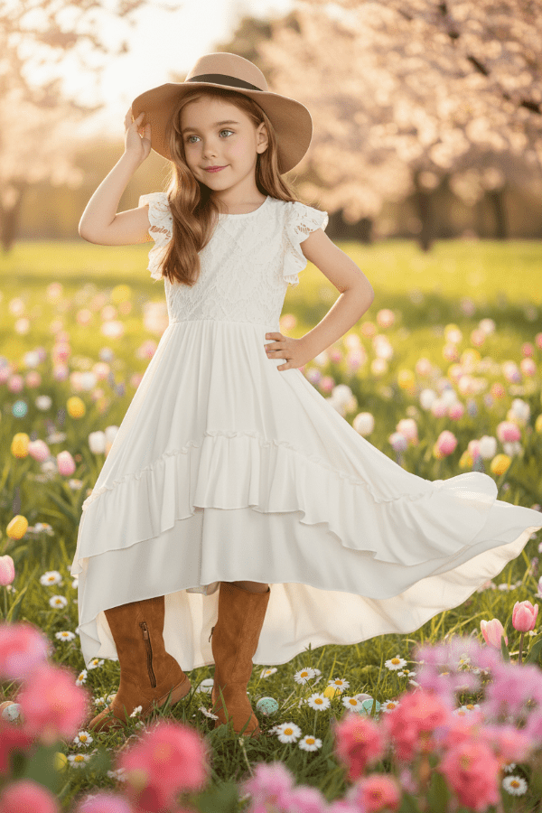 white cowgirl dress Girls Western Ruffle High-Low Dress with Lace Bodice – Yeehaw Style 12Y / Wheat Color