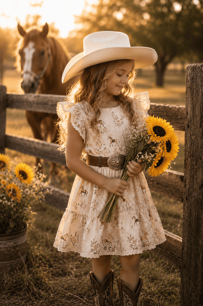 A young girl stands in a sunlit outdoor ranch setting wearing a cream cowboy hat, a floral western dress, a brown belt with a large silver buckle, and cowboy boots. She holds a bouquet of sunflowers beside a wooden fence, with a horse visible in the background.