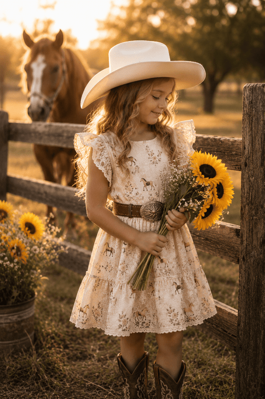 A young girl stands in a sunlit outdoor ranch setting wearing a cream cowboy hat, a floral western dress, a brown belt with a large silver buckle, and cowboy boots. She holds a bouquet of sunflowers beside a wooden fence, with a horse visible in the background.