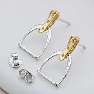 Two-tone gold silver English stirrup stud earrings with butterfly backs - girls equestrian jewelry pony club gift