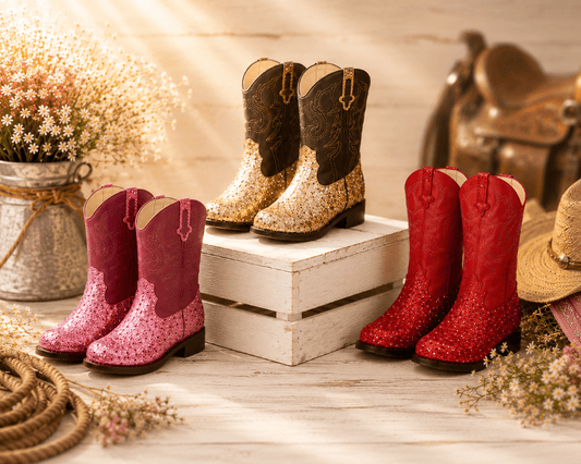 Three pairs of sparkly western cowboy boots in pink, red, gold, and brown, styled on a rustic wooden surface with a white crate, dried flowers, a lasso, a hat, and a saddle in the background.