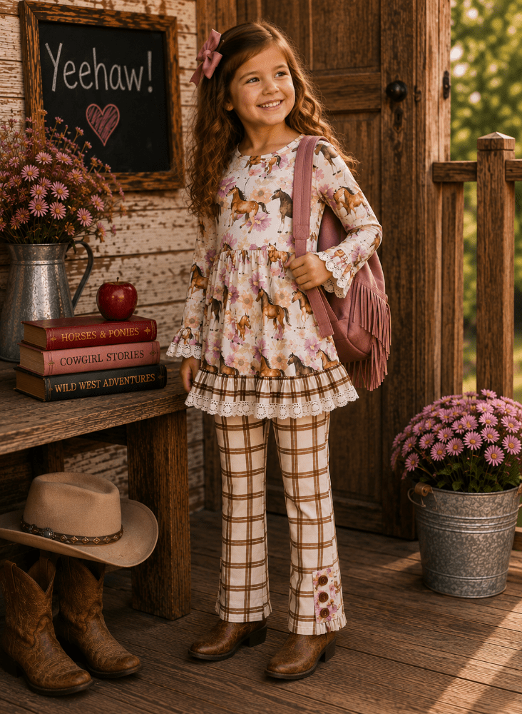 A young girl stands on a rustic wooden porch wearing a western-themed outfit. The outfit features a long-sleeve cream and brown horse-print top with a ruffled hem, matching plaid pants, and brown boots.