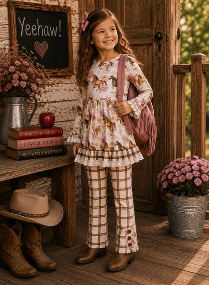 A young girl stands on a rustic wooden porch wearing a western-themed outfit. The outfit features a long-sleeve cream and brown horse-print top with a ruffled hem, matching plaid pants, and brown boots.