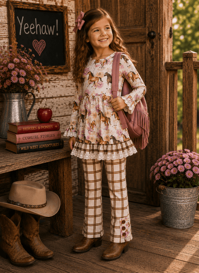 Girl's Countryside Charm Set – Horse & Flower Print Dress with Plaid Lace Pants
