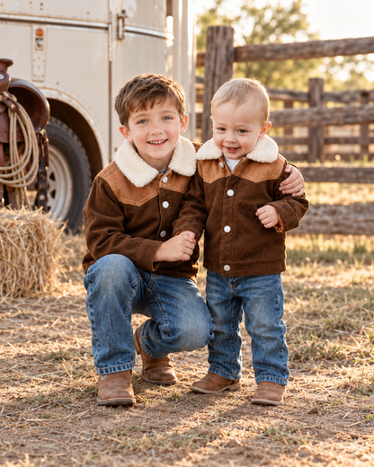 Two young boys wearing matching brown western-style jackets with white shearling-style collars, blue jeans, and brown boots, posing outdoors on a ranch with a fence, hay bale, and vehicle in the background.