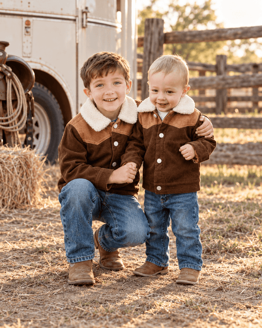 Two young boys wearing matching brown western-style jackets with white shearling-style collars, blue jeans, and brown boots, posing outdoors on a ranch with a fence, hay bale, and vehicle in the background.