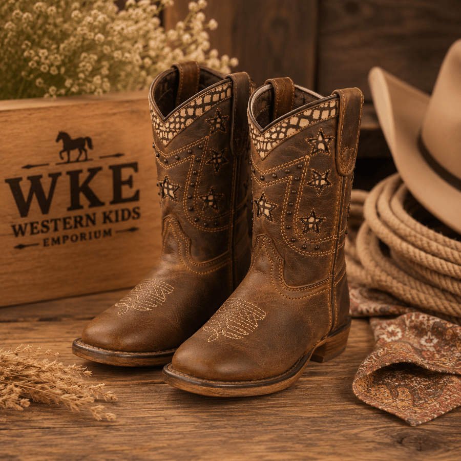 A pair of brown western kids cowboy boots with embroidered star and wave details, displayed on a rustic wooden surface with a WKE Western Kids Emporium wooden box, a hat, rope, and dried flowers.